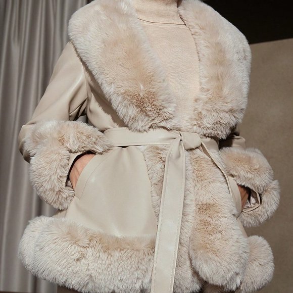 Beige Preppy Womens Fuzzy Collar Belted PU Leather Coat - Picture 2 of 5